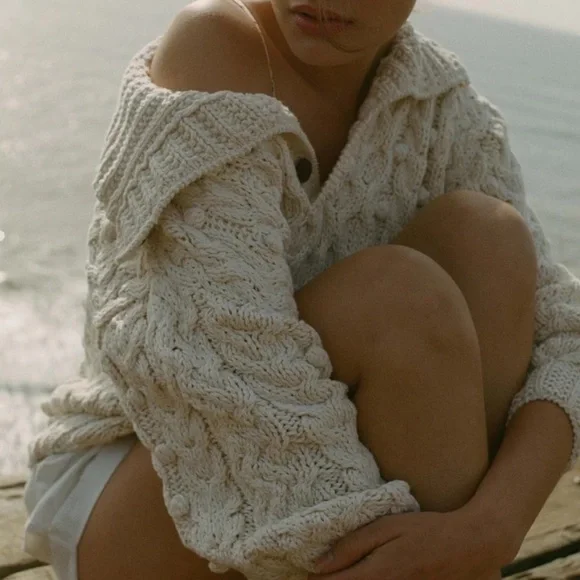 DOEN Sz Medium Nuage Sweater Cotton Cable Knit Hand Knit - Picture 3 of 10